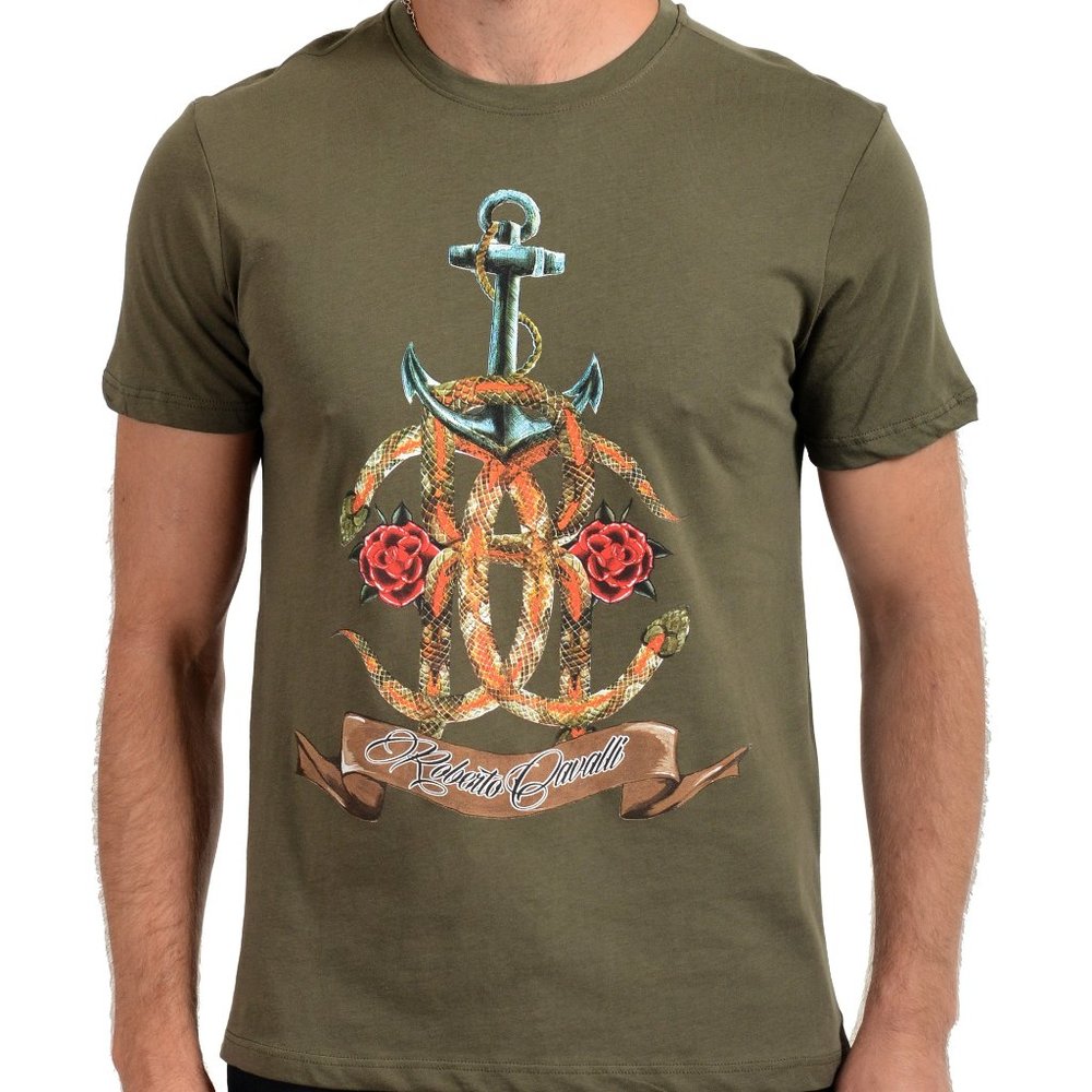 Roberto Cavalli Men's Olive Green Graphic T-Shirt